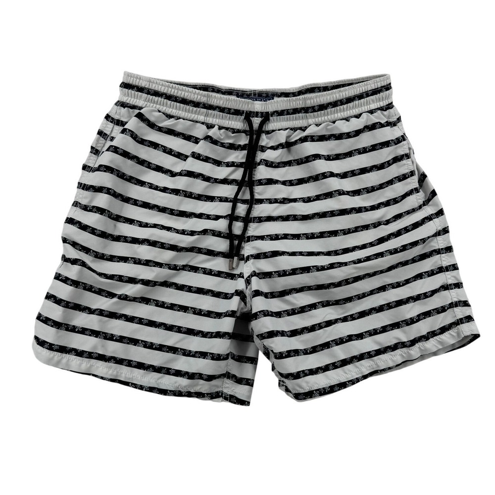 Vilebrequin Moorea Swim Trunks Mens XL White Black Striped Turtle Print MOOAB239